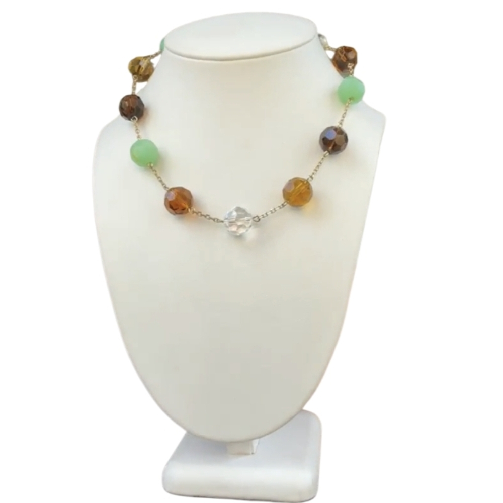 Vintage Glass Crystal Bead Necklace with Green Accents